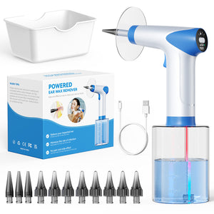 White and blue pistol ear cleaner with water tank, temperature display, soft tips and storage tray