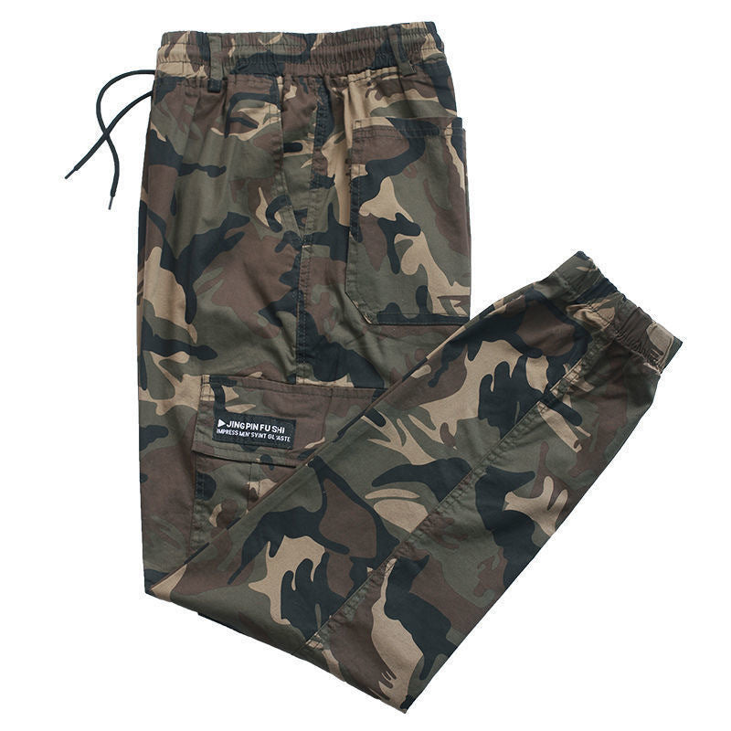 Mens loose fit camo cargo joggers with elastic ankle cuffs shown on a plain background