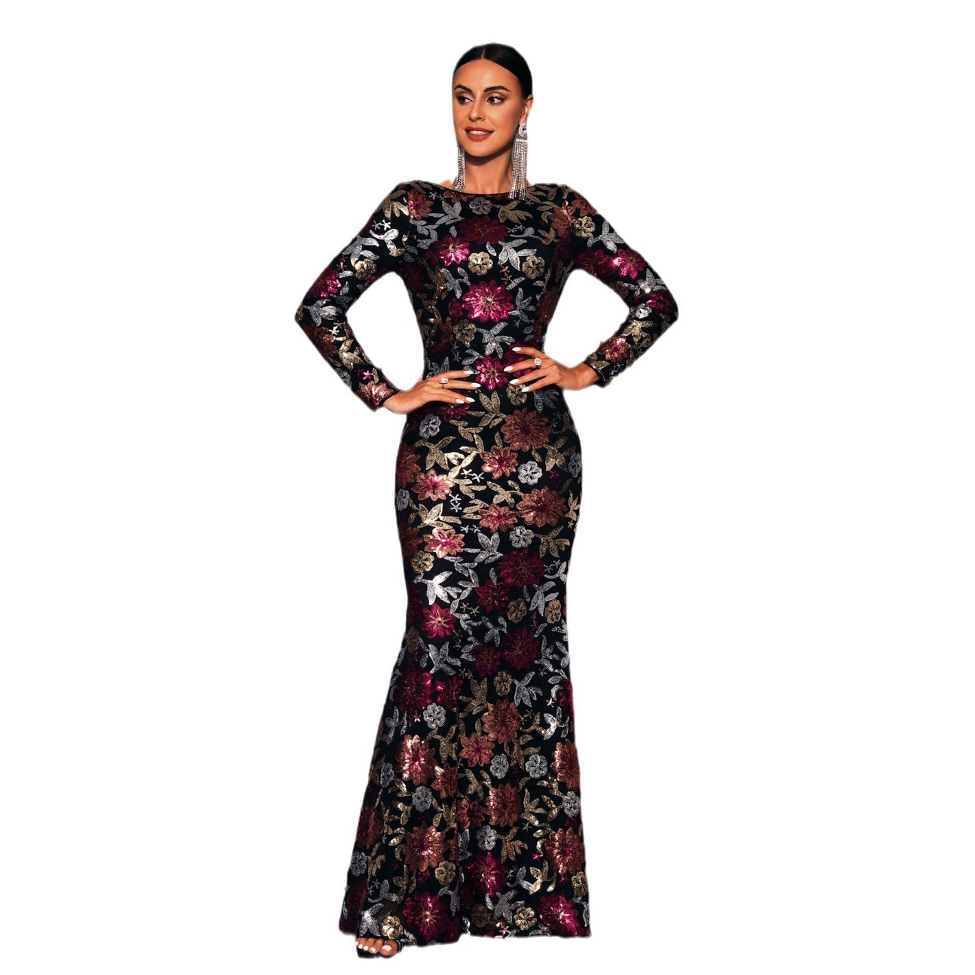 Long sleeve sequin dress front view with round neckline