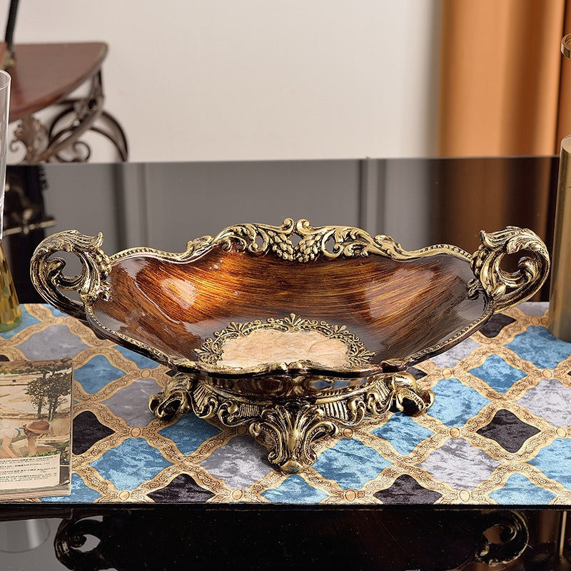 Wood grain resin decor piece trimmed in antiqued gold tone with a cream pearl shell inlay body