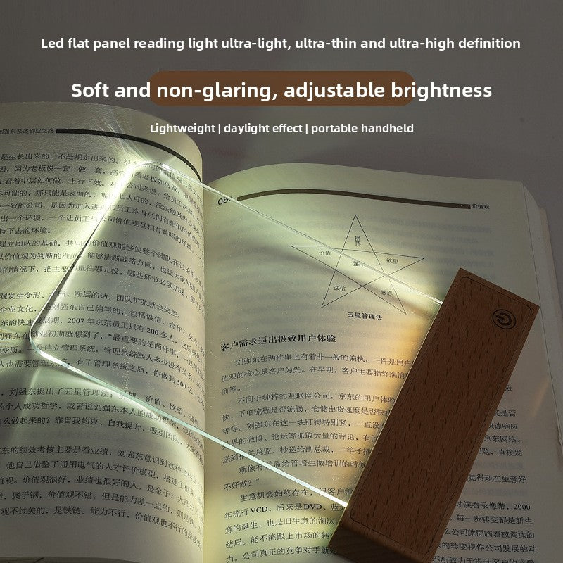 Wooden reading lamp glass panel casting a soft even light over a book page at night