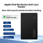Matte black card shaped Bluetooth tracker with a Works with Apple Find My mark on the face