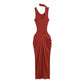 Fitted floor length jersey maxi dress with side ruching and a front slit