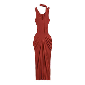 Fitted floor length jersey maxi dress with side ruching and a front slit