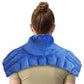 Back view of a woman wearing the blue plush neck and shoulder wrap, shown as the blue option