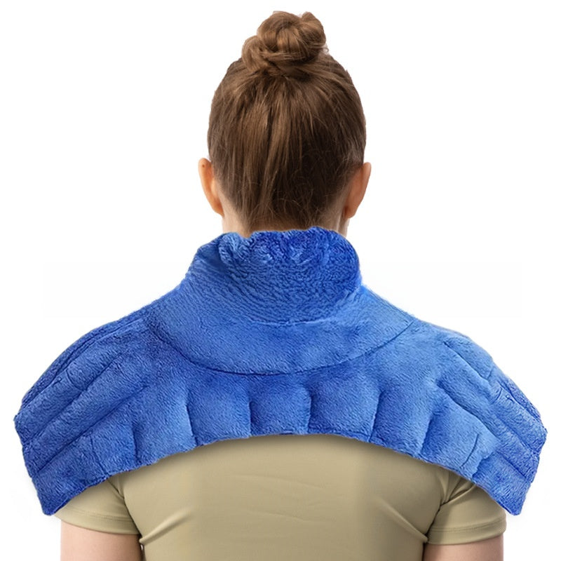 Back view of a woman wearing the blue plush neck and shoulder wrap, shown as the blue option