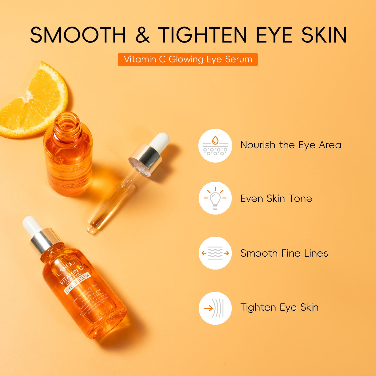 Vitamin C eye serum bottle with icons for the eye area, extracts and its lightweight texture
