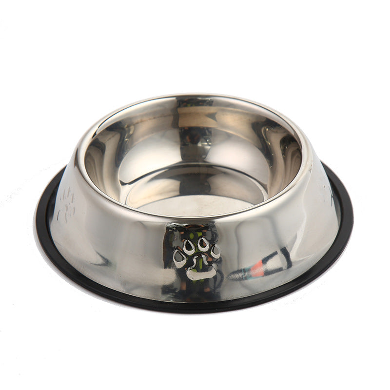 Round stainless steel dog and cat bowl seen from the side showing the wide gripped black base