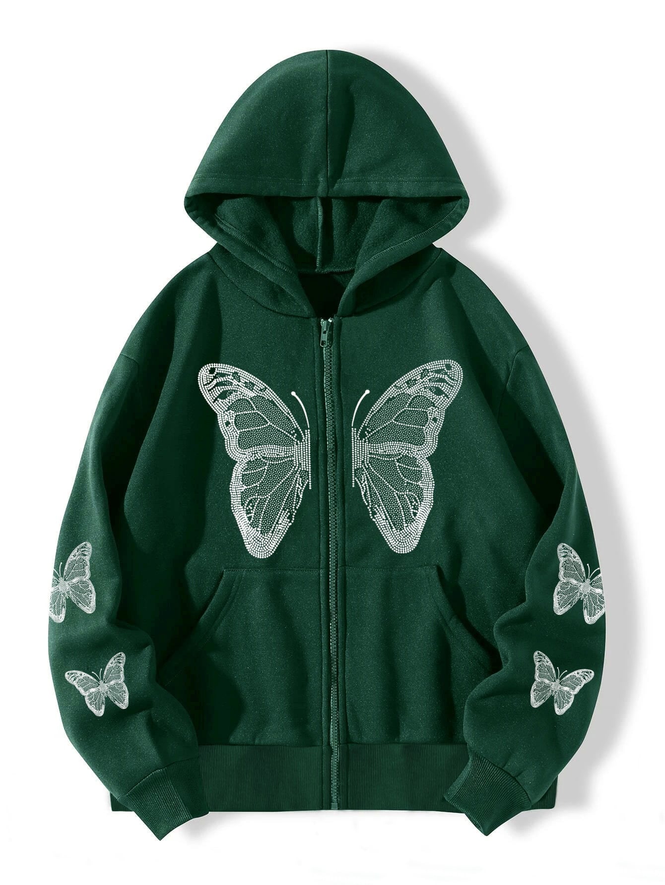 Butterfly zip hoodie laid flat to show the rhinestone motif and ribbed trims