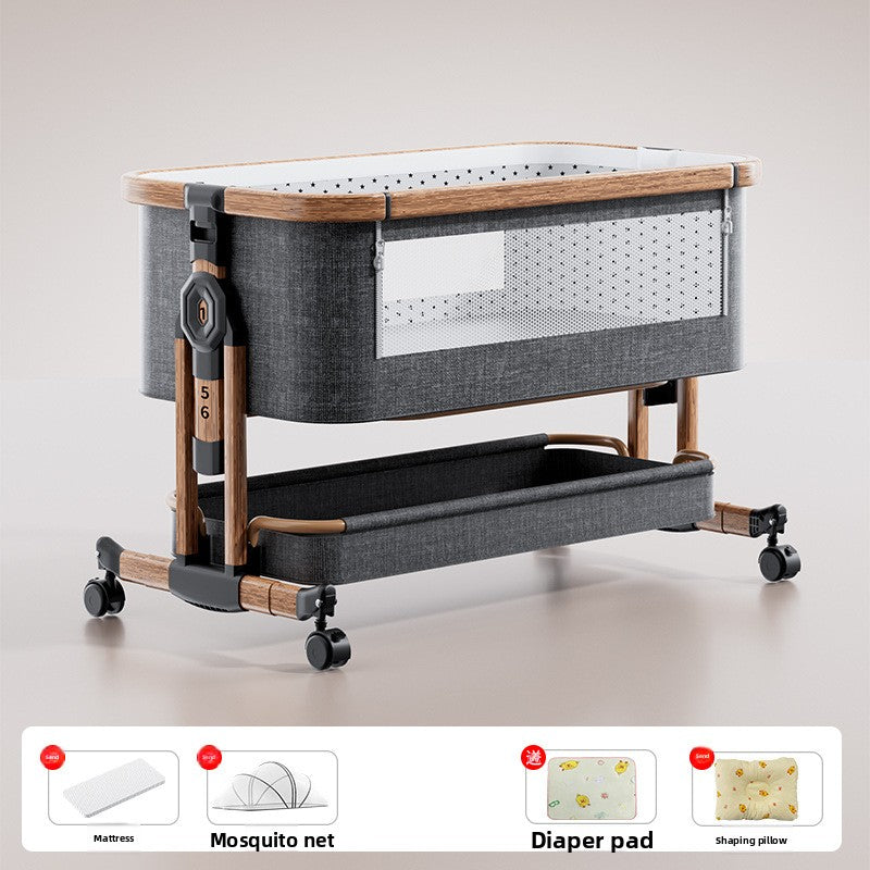 Gray baby crib with a wood grain frame and wheels, Standard model with mattress and net, wood grain gray option