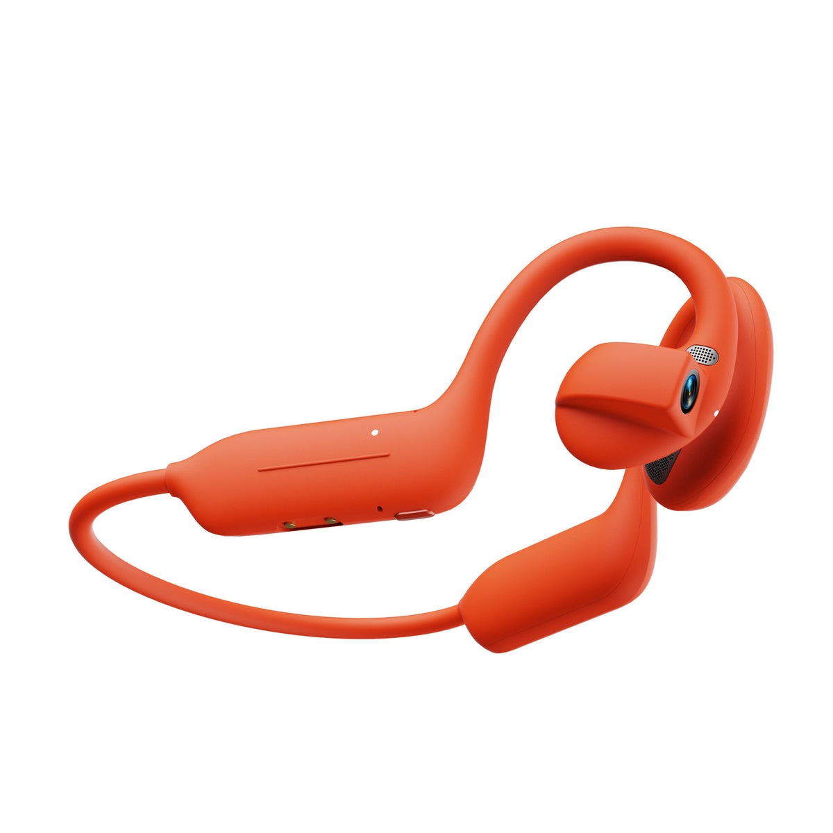 Orange open-ear Bluetooth headset with a camera lens on the earpiece and a rear band, three-quarter view on white