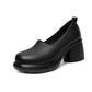 Black leather slip-on platform block heel pump, side view, size 35