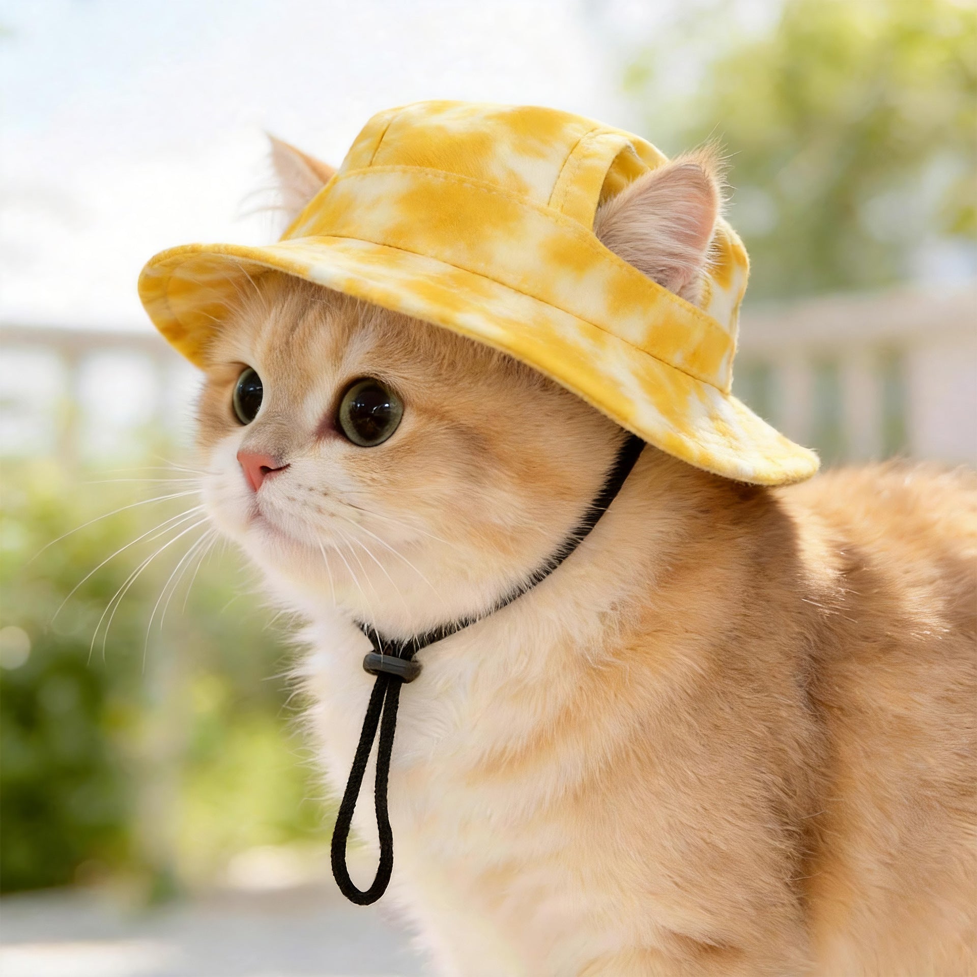 Pet bucket sun hat with ear holes and chin cord in a football print, view 44