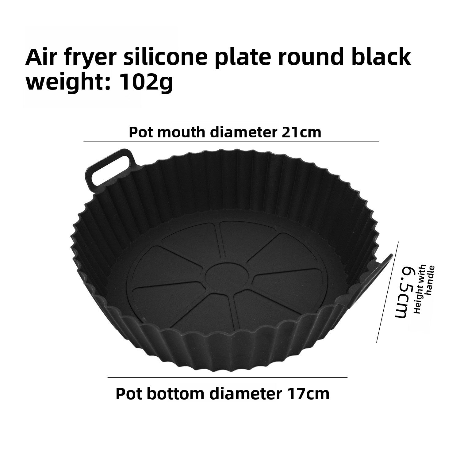 Round black silicone air fryer liner tray with a fluted wall and a spoked base, about 21 cm