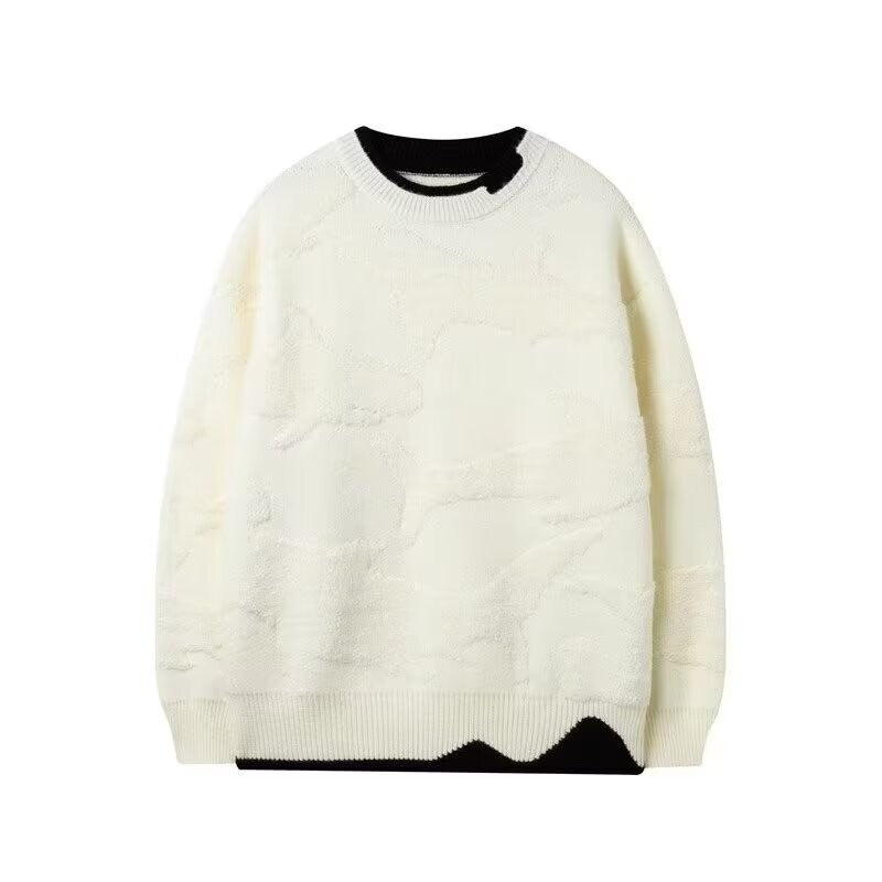 White whale jacquard knit sweater with black inner collar and wavy hem, flat view, size L option