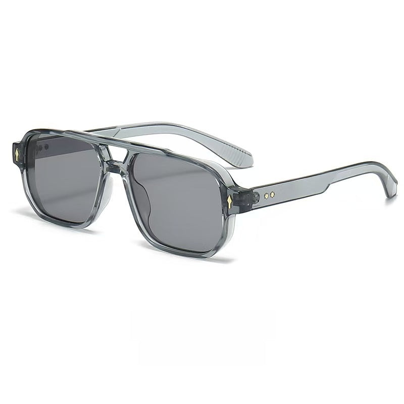 Gray square double bridge sunglasses with matching gray lenses on a plain background