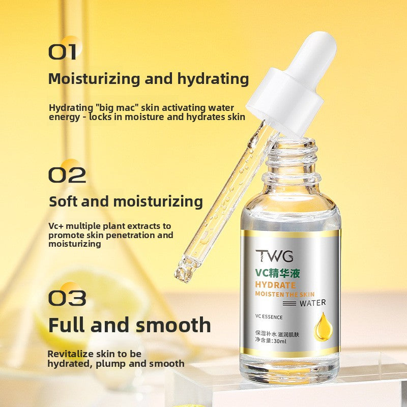 TWG VC essence bottle with open glass dropper beside numbered moisturizing notes