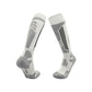 Long ski socks with a towel cushioned sole and an elastic cuff that holds the sock up