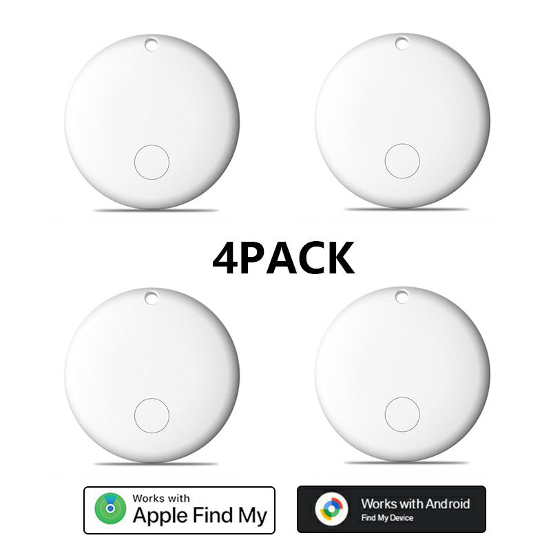 Four white round F08 trackers, 4 pack option, with Apple Find My and Android Find Hub badges