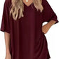 Burgundy milk silk V neck loungewear set, oversized top and matching shorts, size L