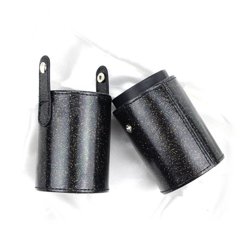 Black starry glitter PU brush holder with the snap-tab lid lifted off