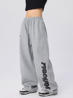 Womens grey wide leg hip hop dance pants with a drawstring waist, front view on a model