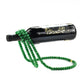 Green beaded wine bottle holder balancing a wine bottle on a white background