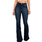 Cotton denim high rise bootcut jeans shown full length with a long flared leg