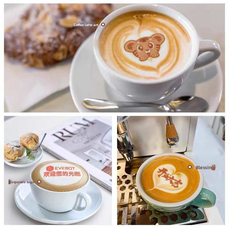 Food printer latte art on coffee, showing tiger, corporate logo and blessing designs