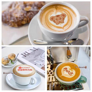 Food printer latte art on coffee, showing tiger, corporate logo and blessing designs
