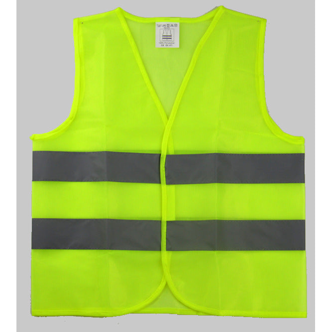 Fluorescent yellow mesh work vest with two horizontal reflective bands and no pockets