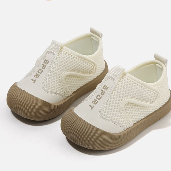 Pink toddler breathable mesh slip on sports shoe on a plain background showing the light single layer build