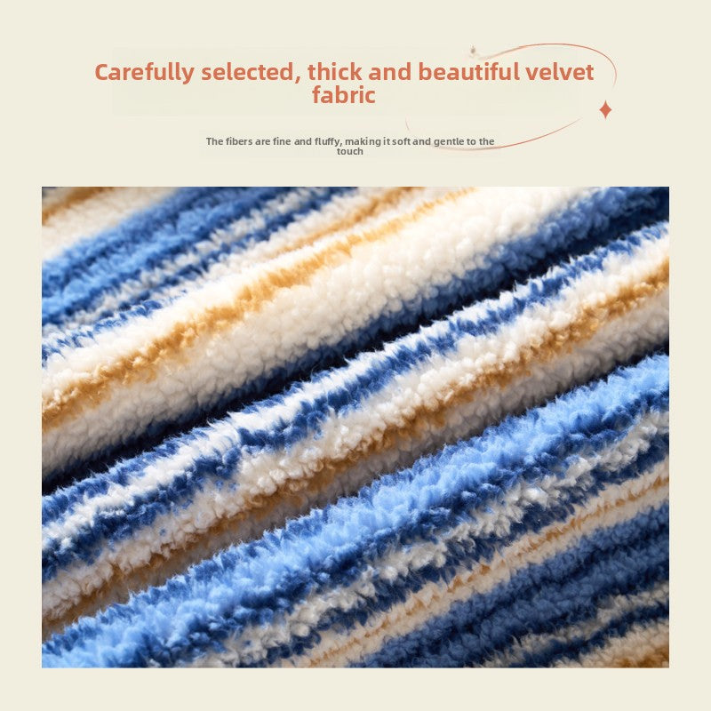 Close-up of the plush coral fleece pile in blue, cream and gold stripes