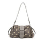 Gray polka dot shoulder bag with cream dots and gray buckle band, shown for the Gray option