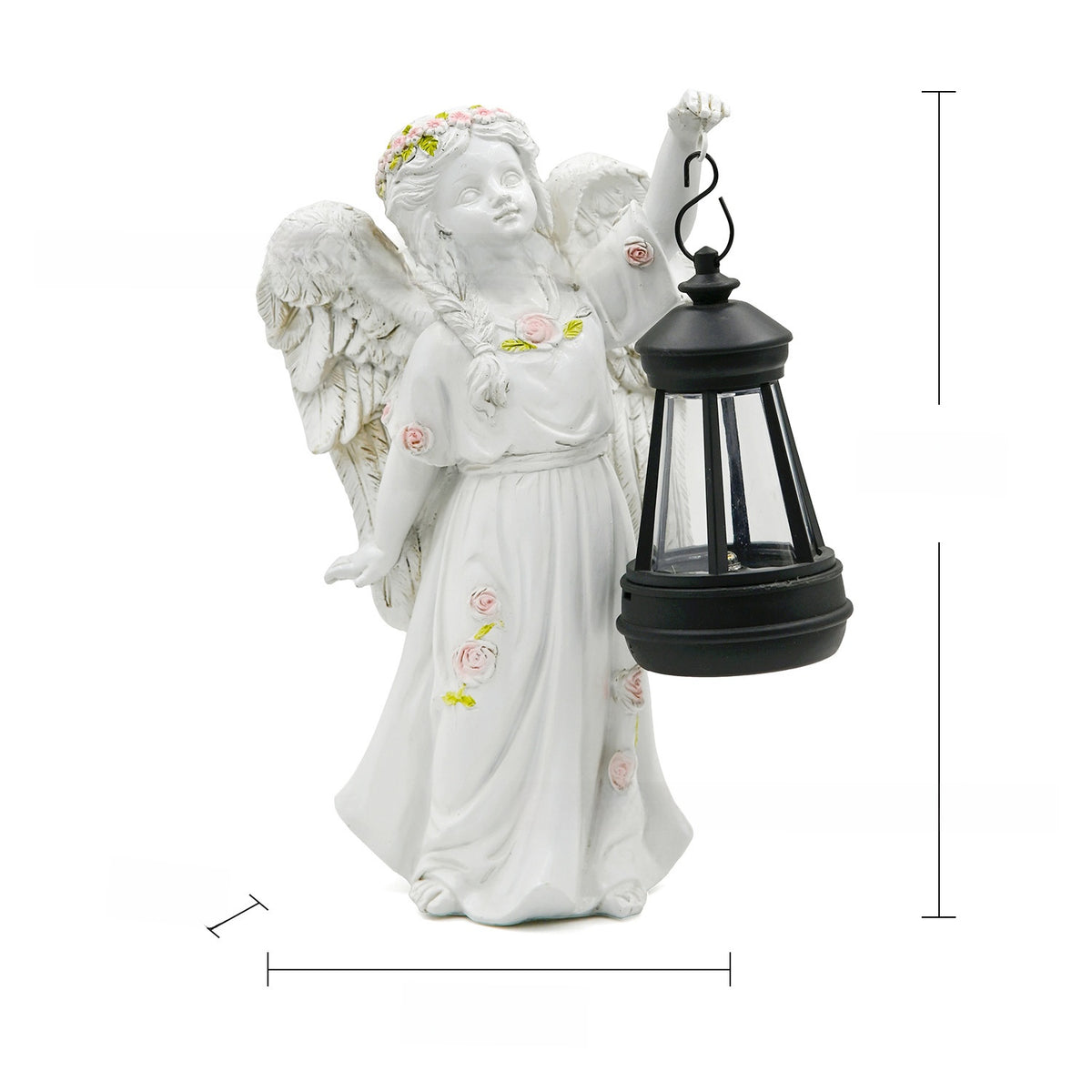 Standing resin angel with flower crown holding a black hanging lantern, Angel lantern option