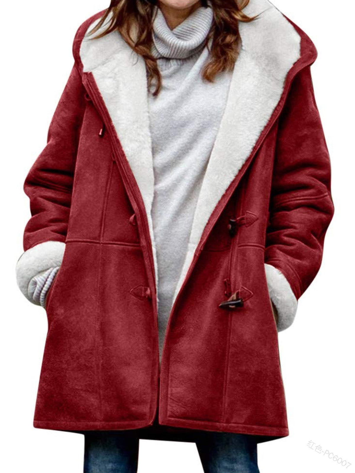 Women's hooded suede toggle coat with white plush lining in Burgundy