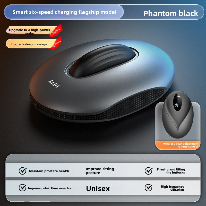 Gray oval pelvic floor trainer pad shown from above beside its wireless remote control