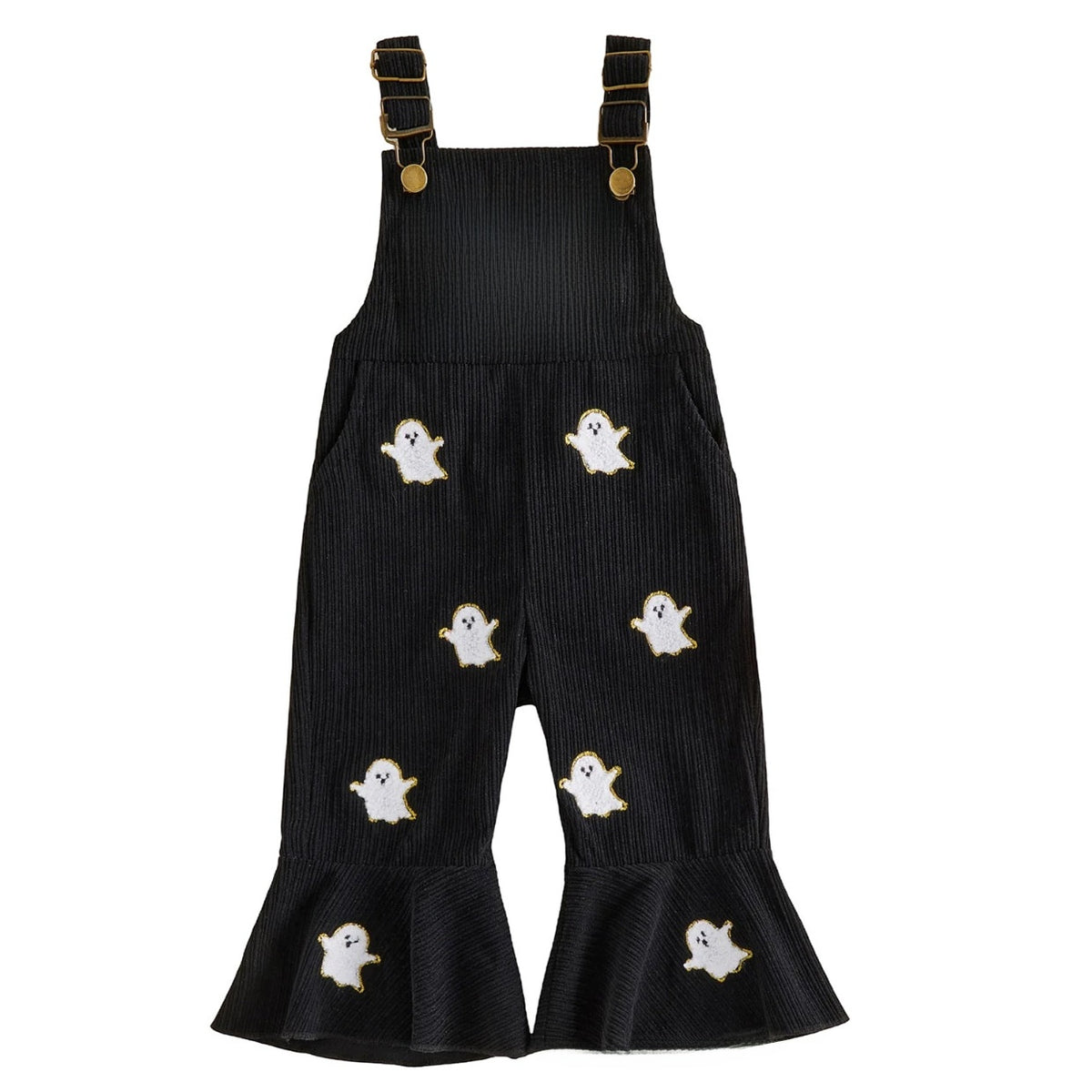 Black ribbed flared overalls with white embroidered ghosts, Black 6-12M option photo