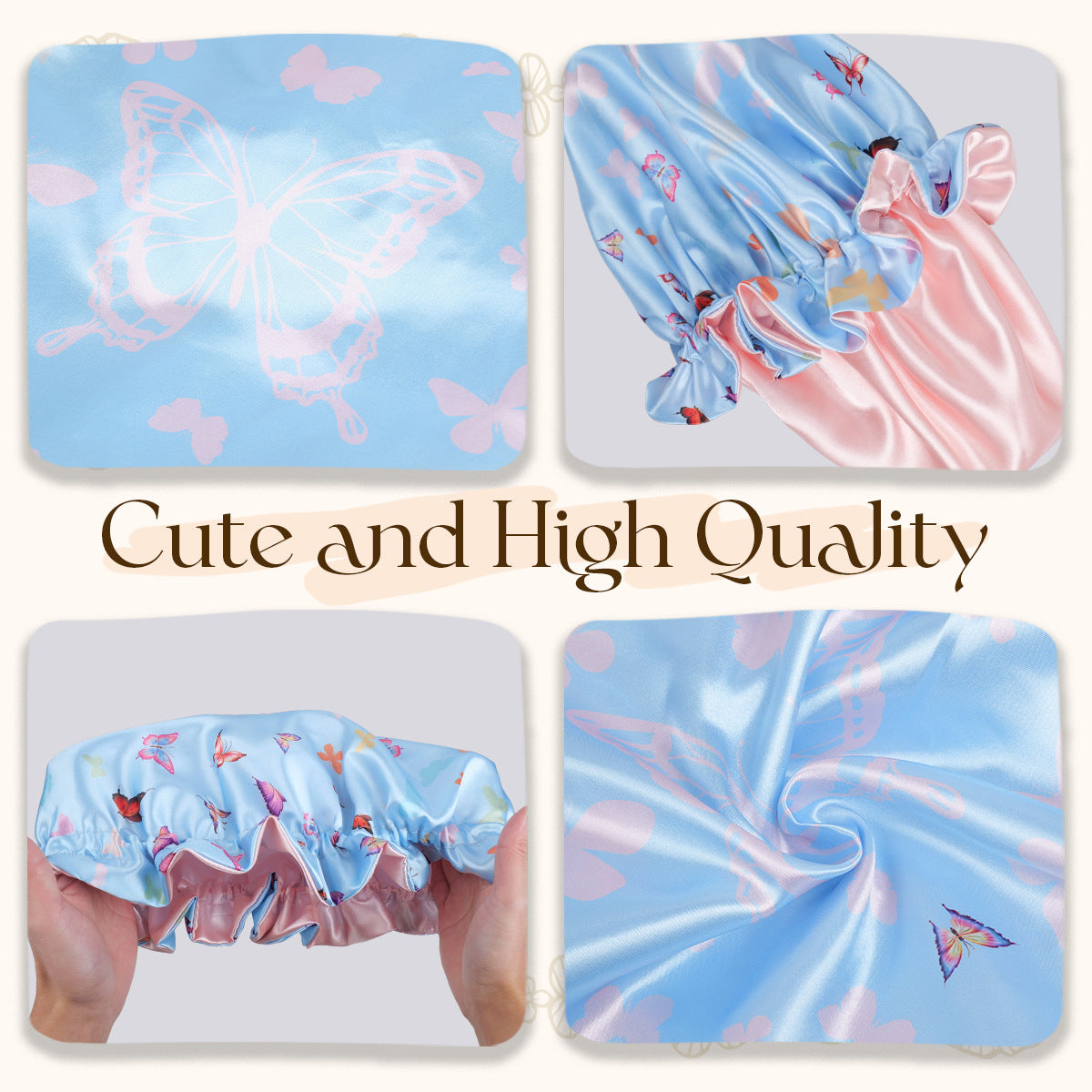 Light blue butterfly print satin hair bonnet shown in a detail grid of close up views