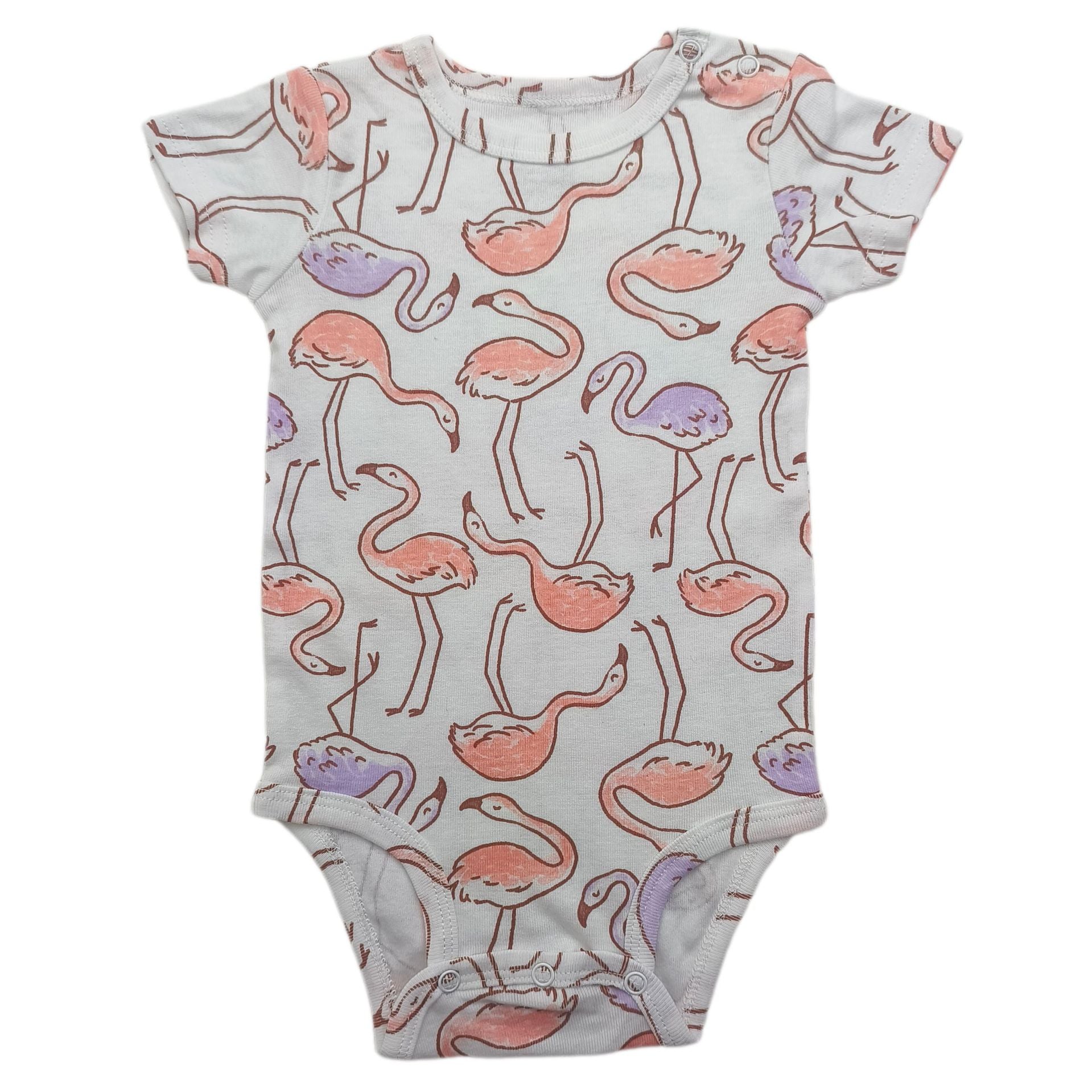 Baby short sleeve cotton bodysuit with a shoulder snap opening shown flat on a plain background
