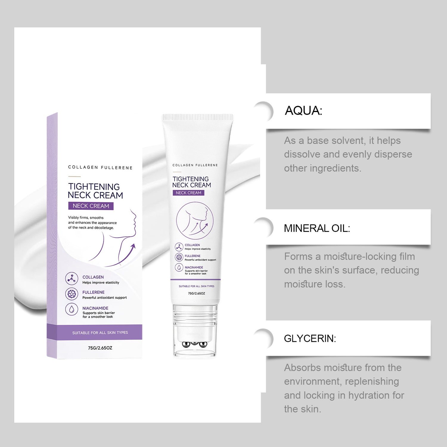 Neck cream tube and carton next to labelled aqua, mineral oil and glycerin ingredient notes