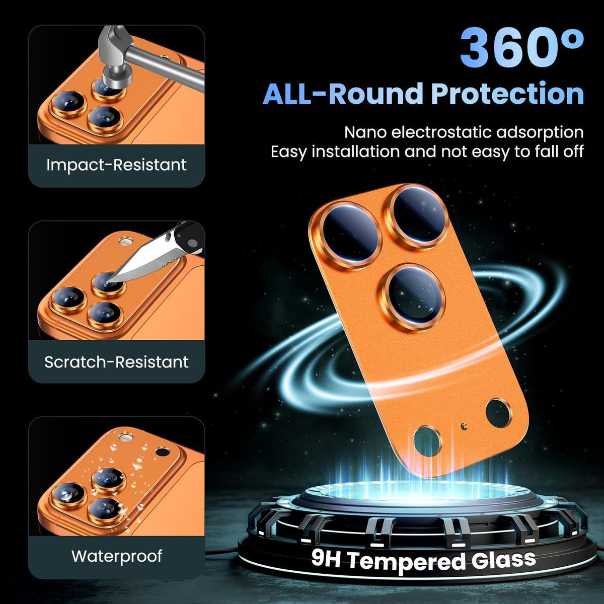 Blue tempered glass camera lens protector shown over an iPhone camera module