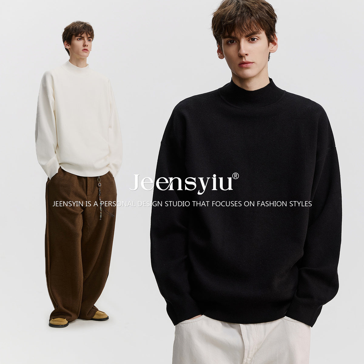 Banner image with two models in plain white and black mock neck sweaters, a different design from this cable knit