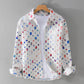 Front view of the loose overshirt with a turn down collar and full button front