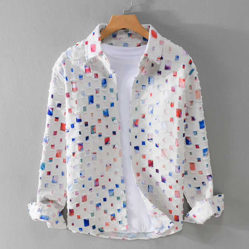 Front view of the loose overshirt with a turn down collar and full button front