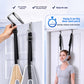 Steel hook being hung over a white door beside black nylon straps and the chin cradle worn by a woman, with no assembly icons