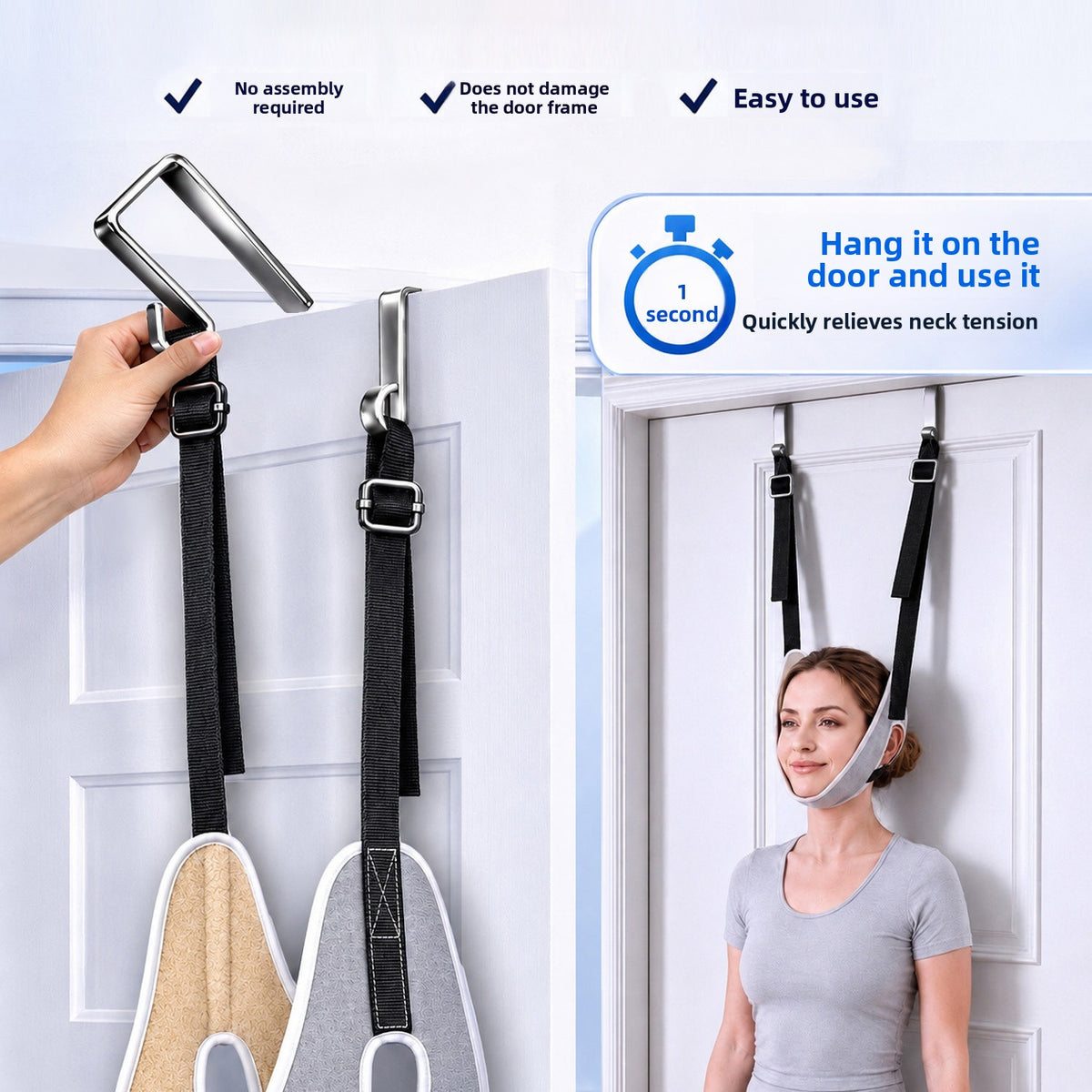Steel hook being hung over a white door beside black nylon straps and the chin cradle worn by a woman, with no assembly icons