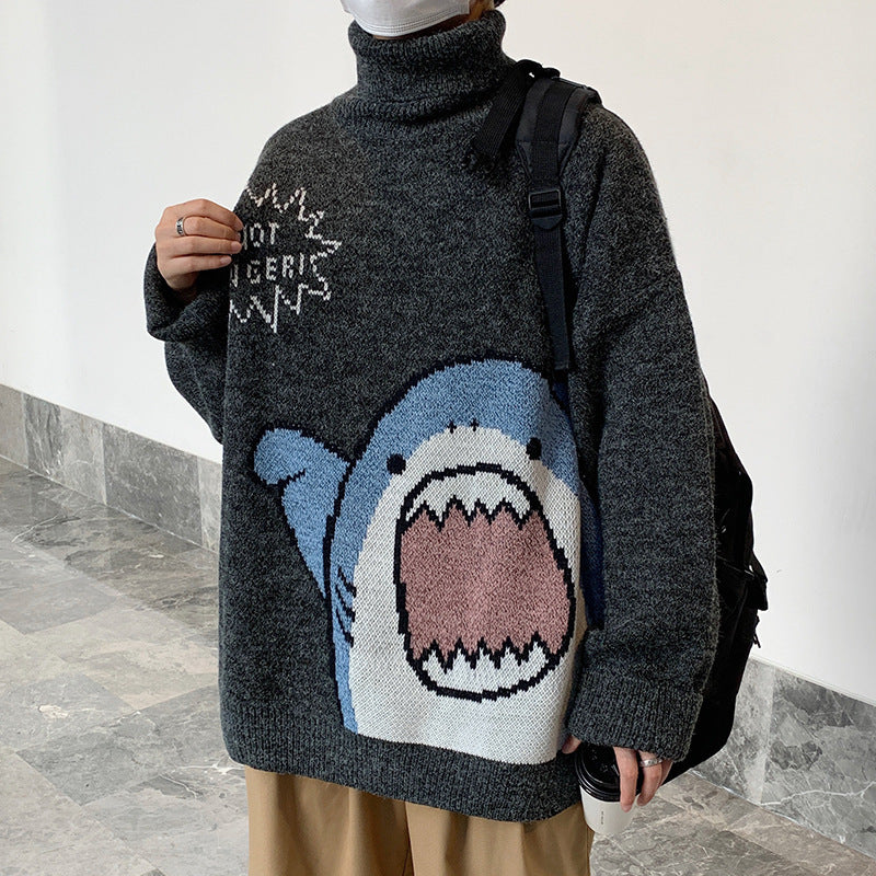 Charcoal turtleneck sweater with a knitted cartoon shark and comic lettering, size XL option