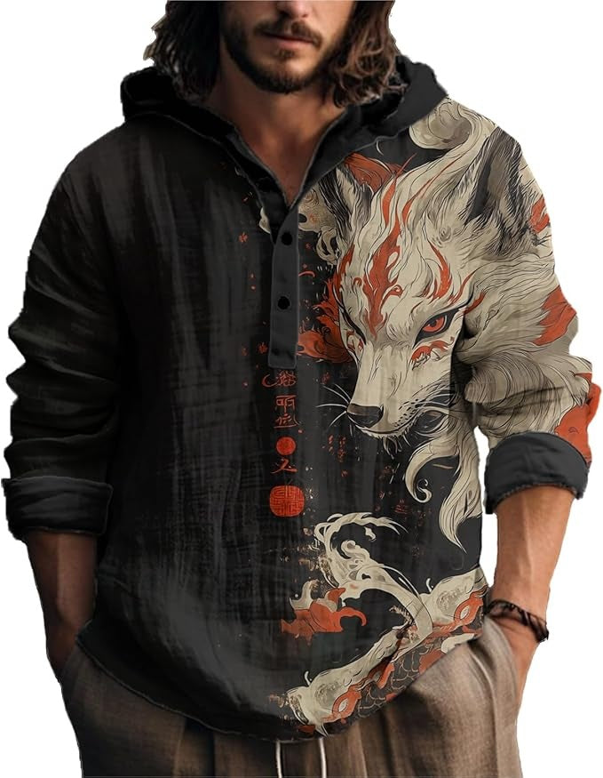 Hooded henley shirt, black shirt with a white and orange fox wrapped in flames, size XL
