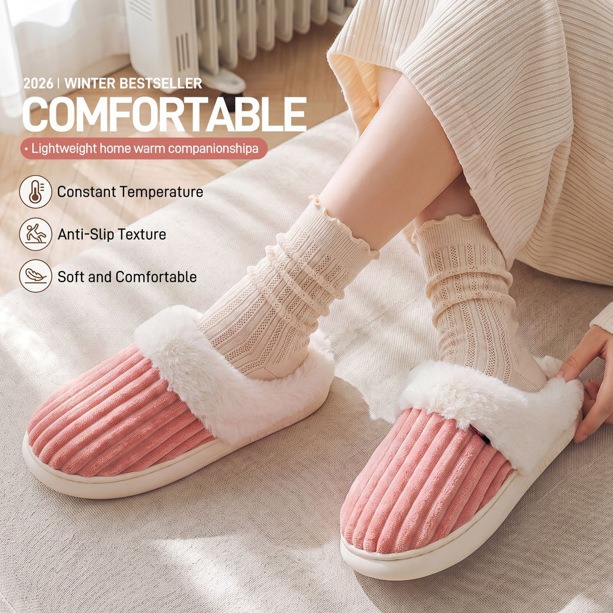 Warm plush house slipper with faux fur band and molded anti slip EVA sole